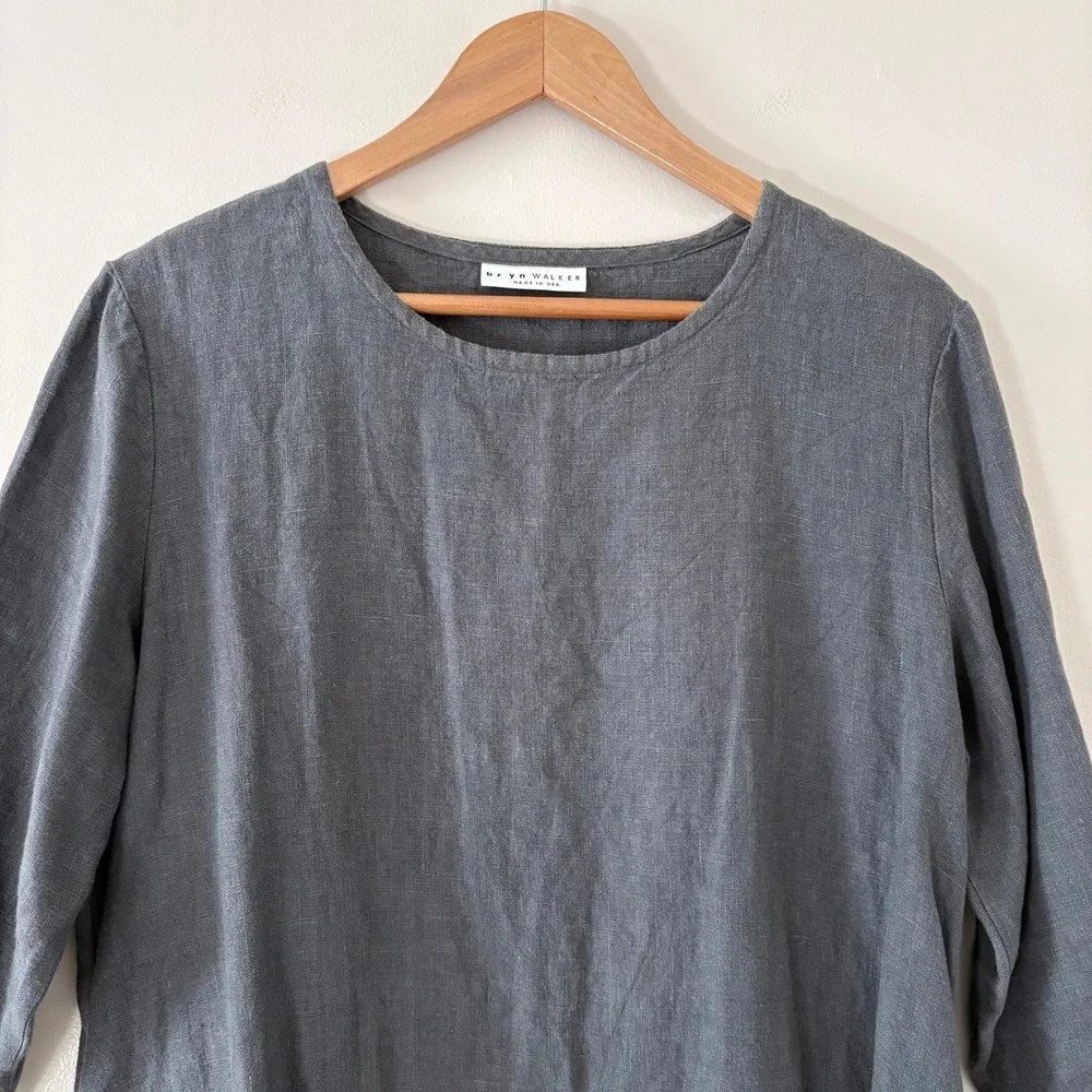 Bryn Walker Tunic Top S Gray Lagenlook Linen 3/4 Sleeve Pockets Made in USA